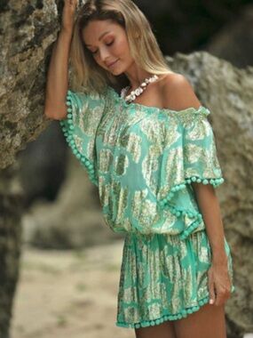 Miss June Boho Off-Shoulder Aqua & Gold Printed Mini Dress | Pom Pom Trim  OS